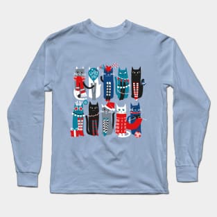 Feline Christmas vibes // print // blue background blue white and black kittens Long Sleeve T-Shirt